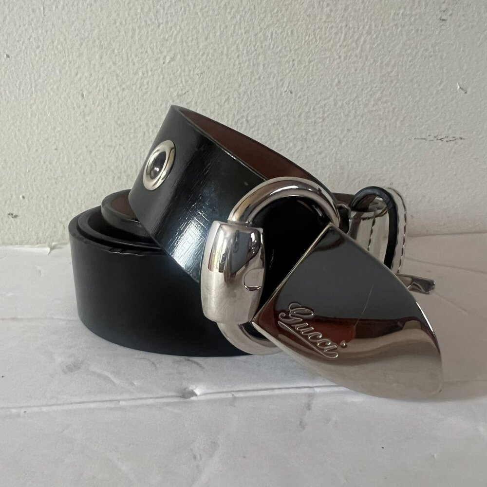 VINTAGE UNISEX GUCCI BLACK SILVER PATENT LEATHER BUCKLE BELT 100 CM / 40 - Picture 4 of 7